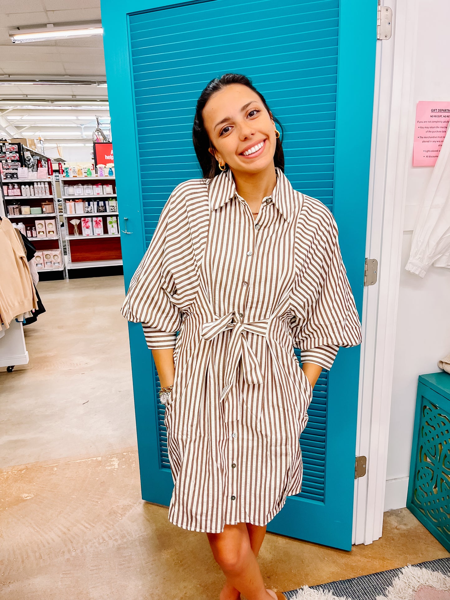 Brown Striped Tie Waist Shirt Dress