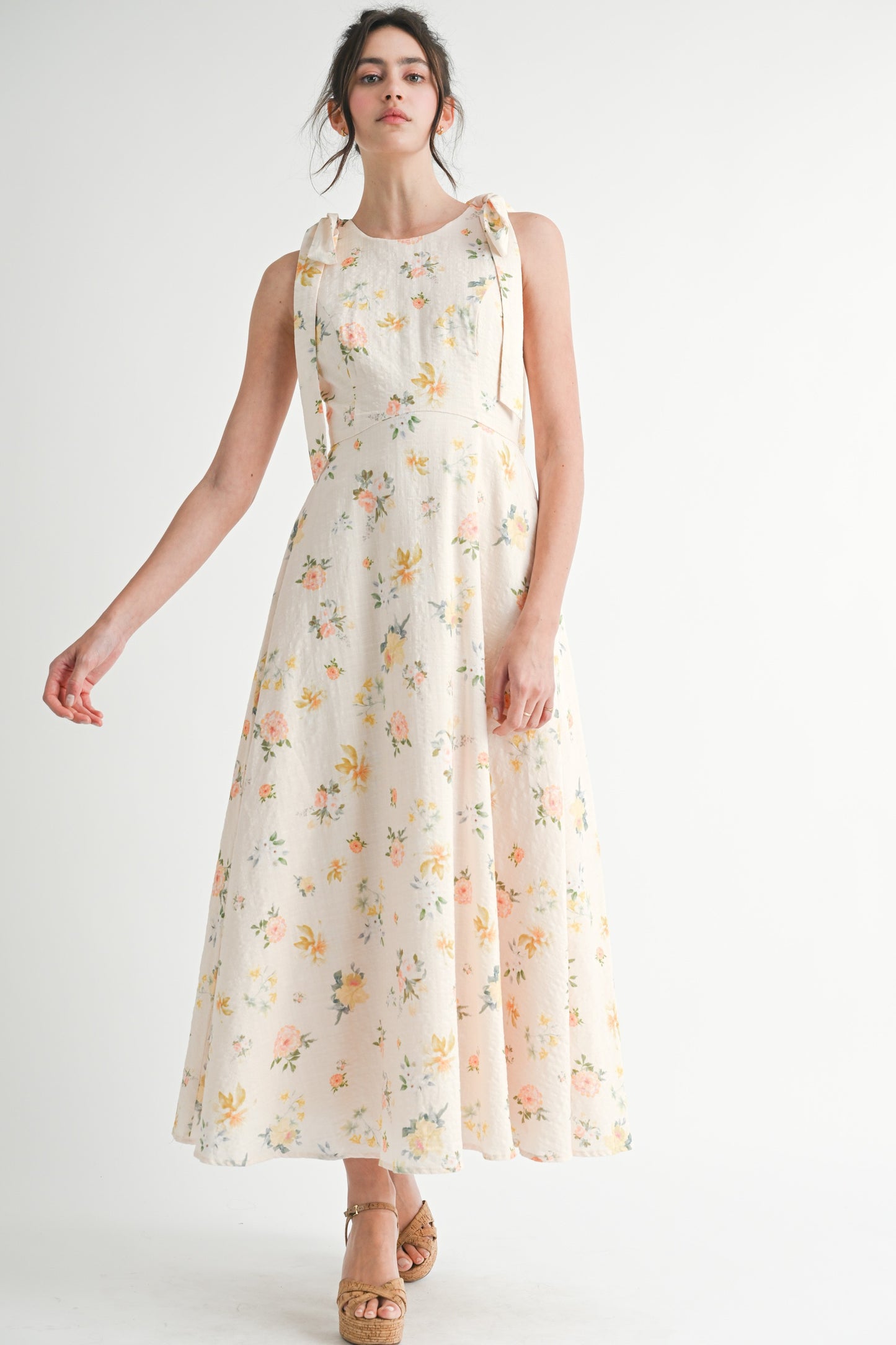 Floral Print Sleeveless Bow Detail Maxi Dress