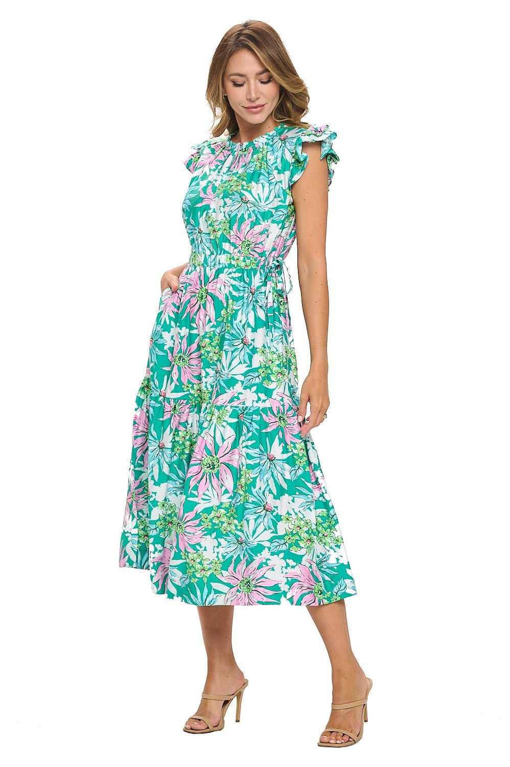 Gloria Ruffle Sleeve Dress-Apple Green
