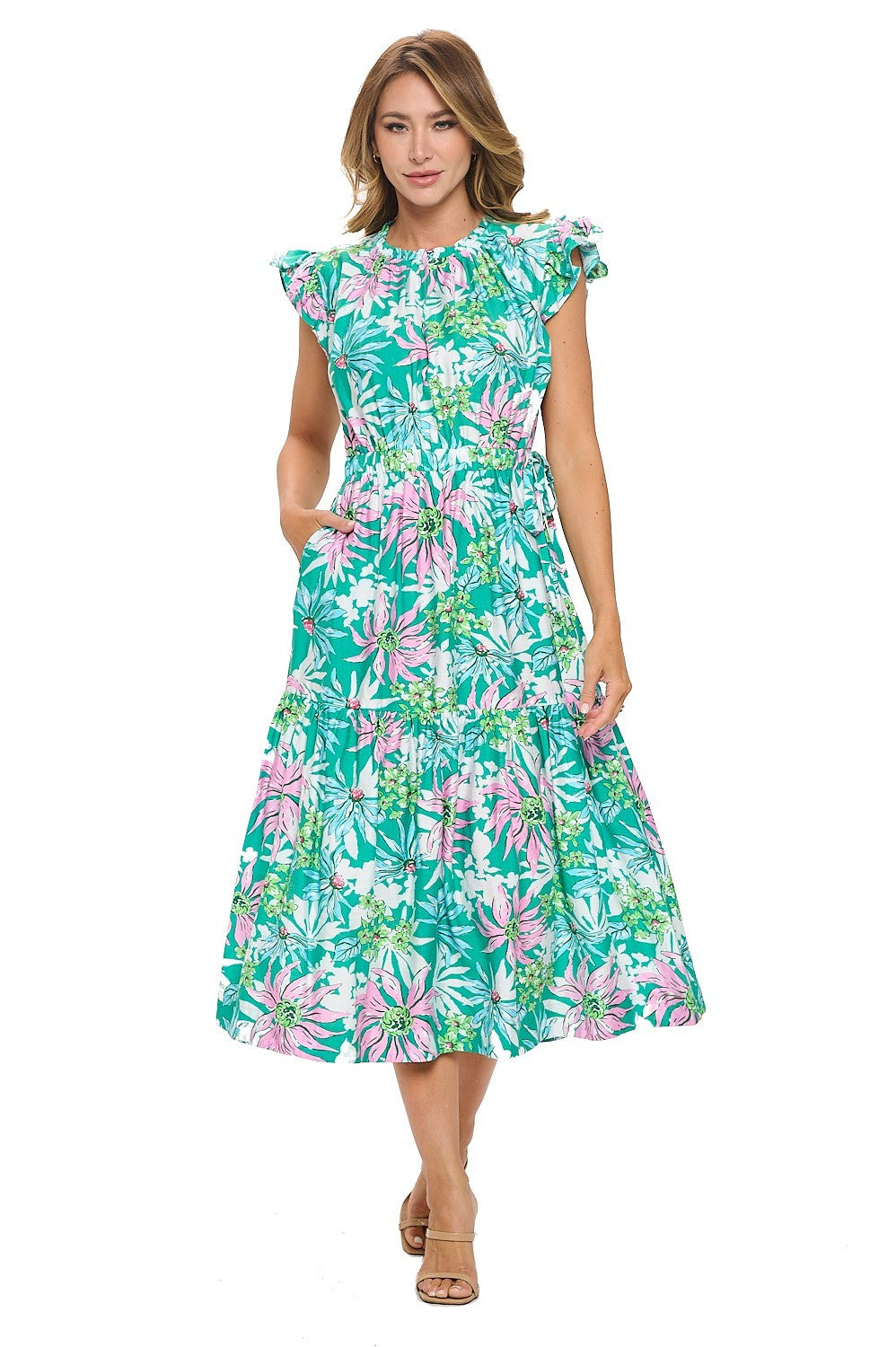 Gloria Ruffle Sleeve Dress-Apple Green