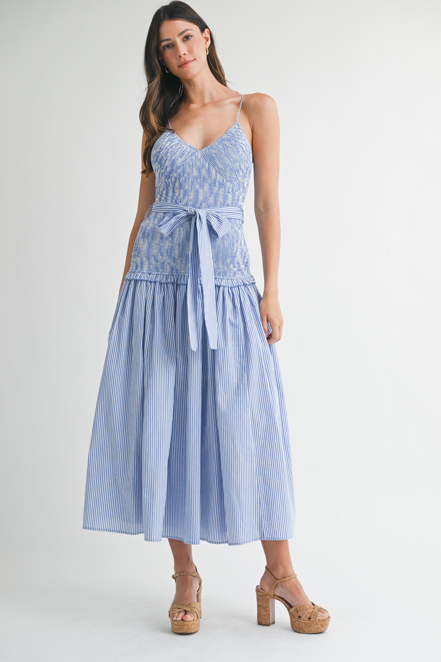 Blue Stripe Smocked Bodice Drop Waist Midi Dress