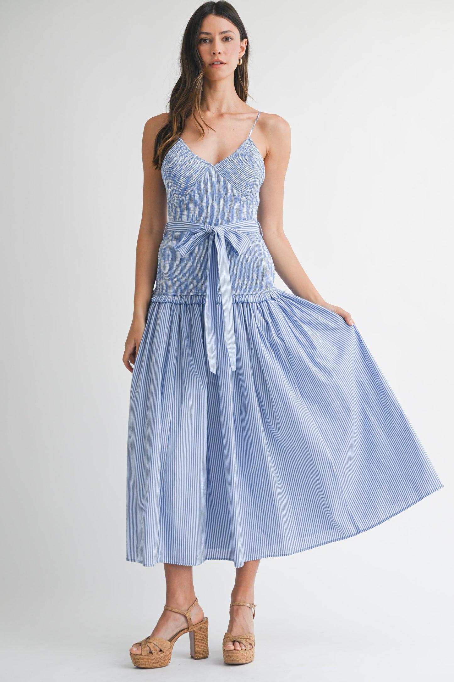 Blue Stripe Smocked Bodice Drop Waist Midi Dress