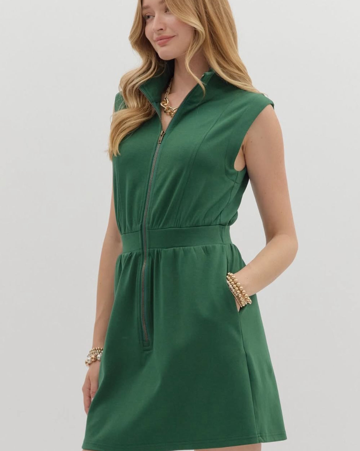 Hunter Green Solid Zip Up Dress