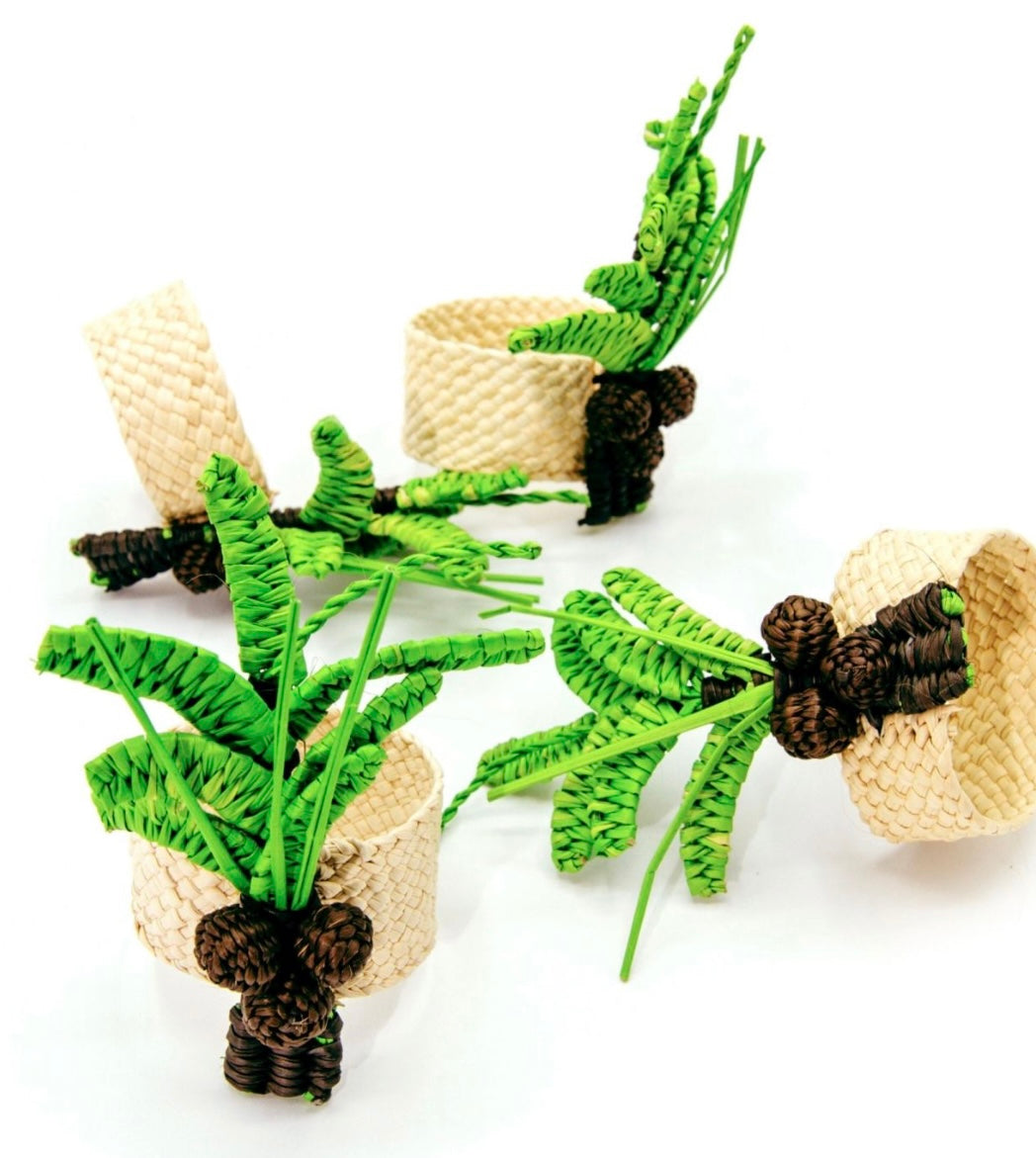 Set X 4 Woven Natural Iraca Straw Green Palm Tree Napkin Rings