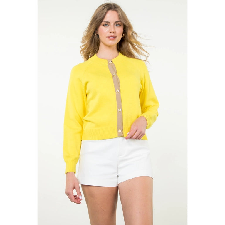 Yellow Bow Button Cardigan