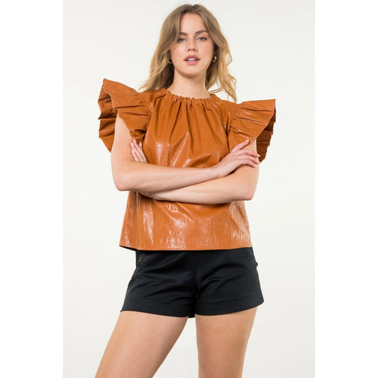 Ruffle Sleeve Leather Top-Camel