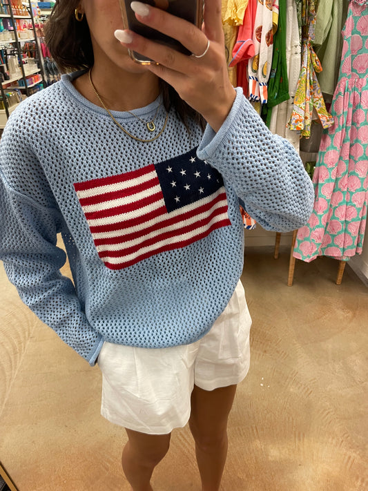 Powder Blue Stars and Stripes Knit Sweater