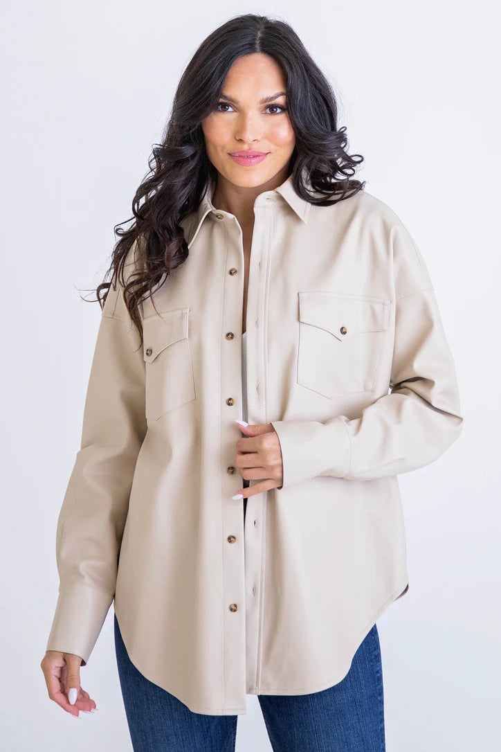 Sand Faux Leather Shacket