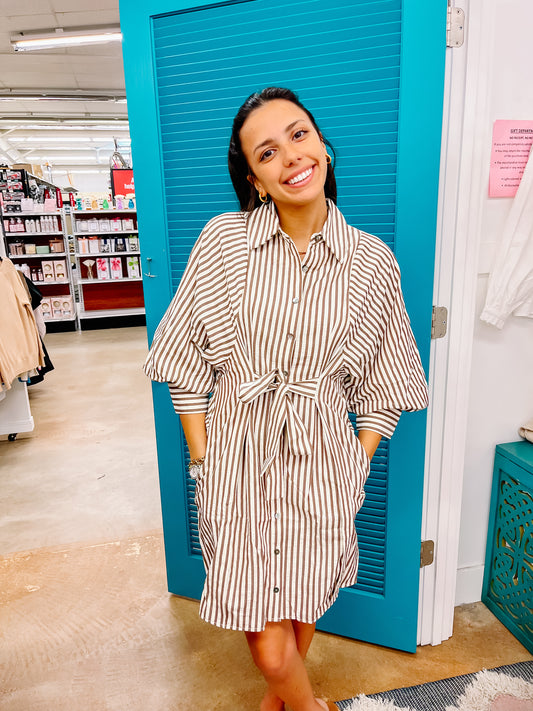 Brown Striped Tie Waist Shirt Dress