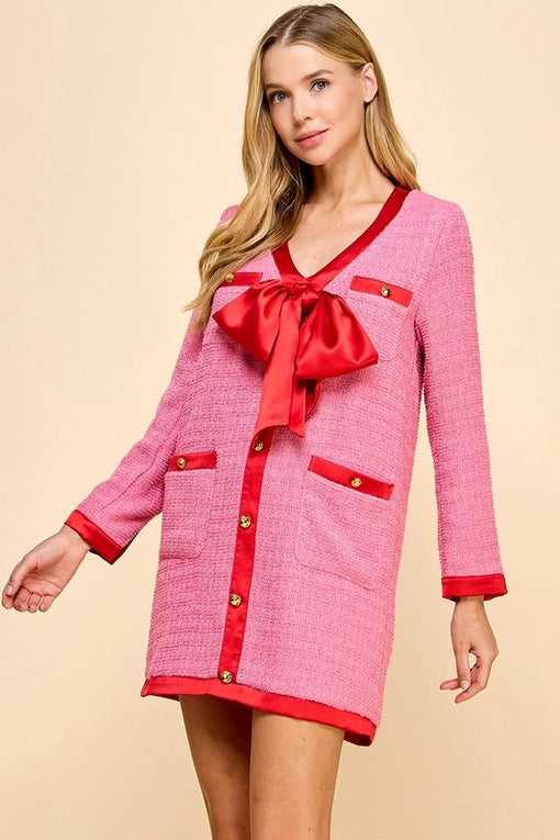 Pink Metallic Tweed Bow Dress