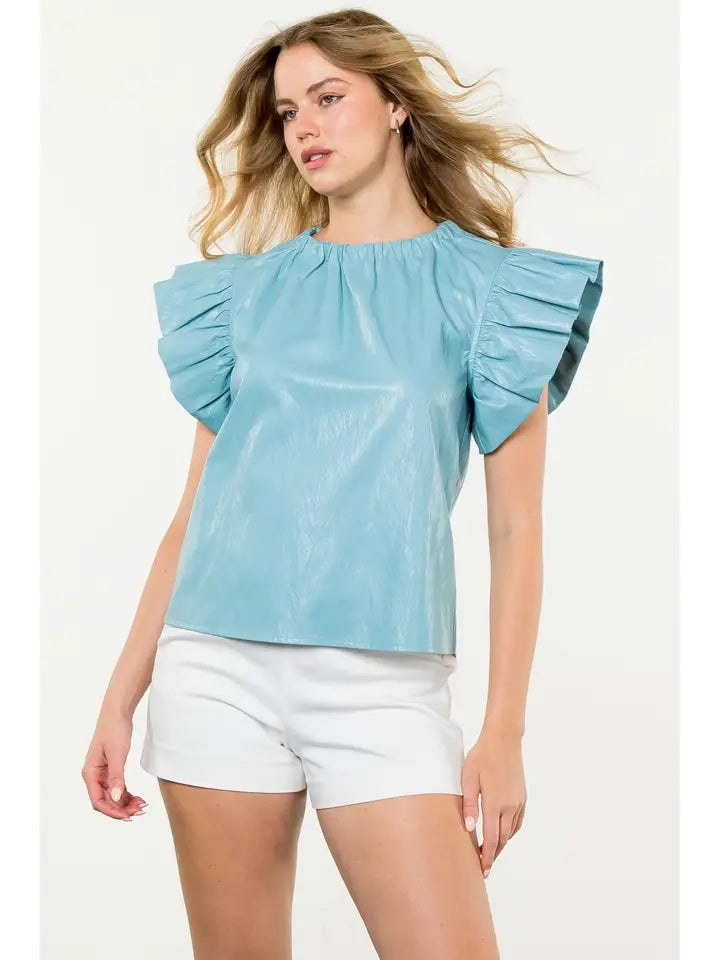 Ruffle Sleeve Leather Top-Light Blue