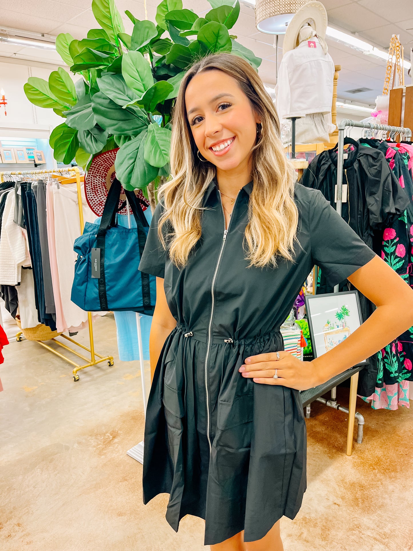 Solid Black Pocket Cinch Waist Dress