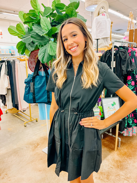 Solid Black Pocket Cinch Waist Dress