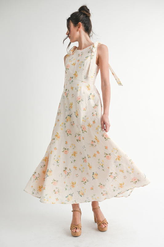 Floral Print Sleeveless Bow Detail Maxi Dress