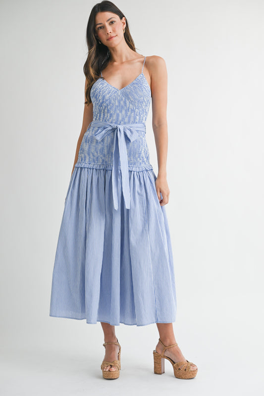 Blue Stripe Smocked Bodice Drop Waist Midi Dress