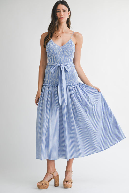 Blue Stripe Smocked Bodice Drop Waist Midi Dress