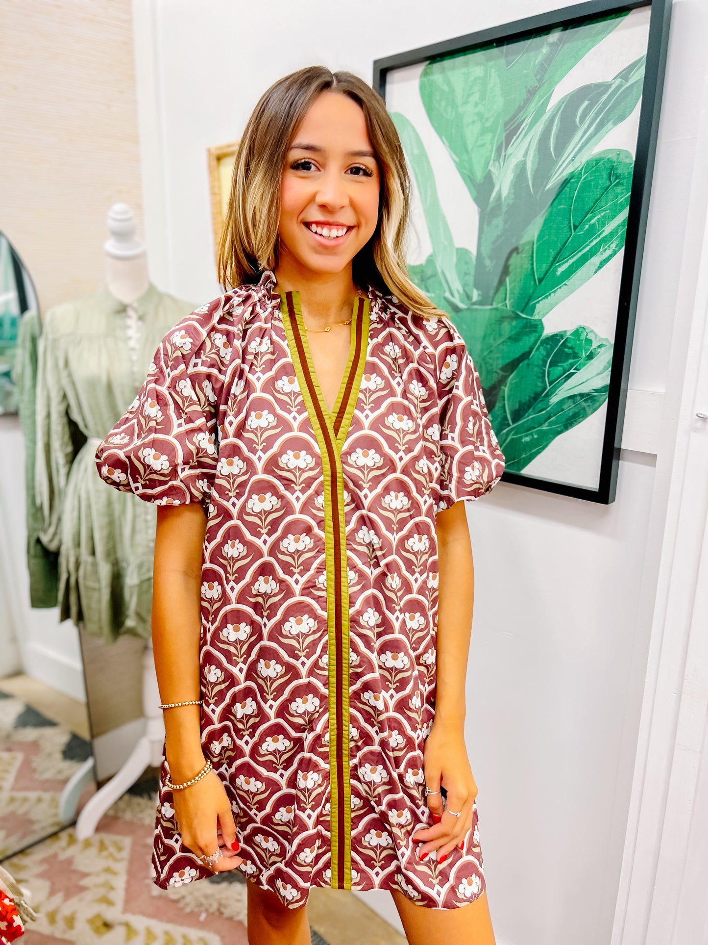 Brown & Green Floral V-Neck Dress