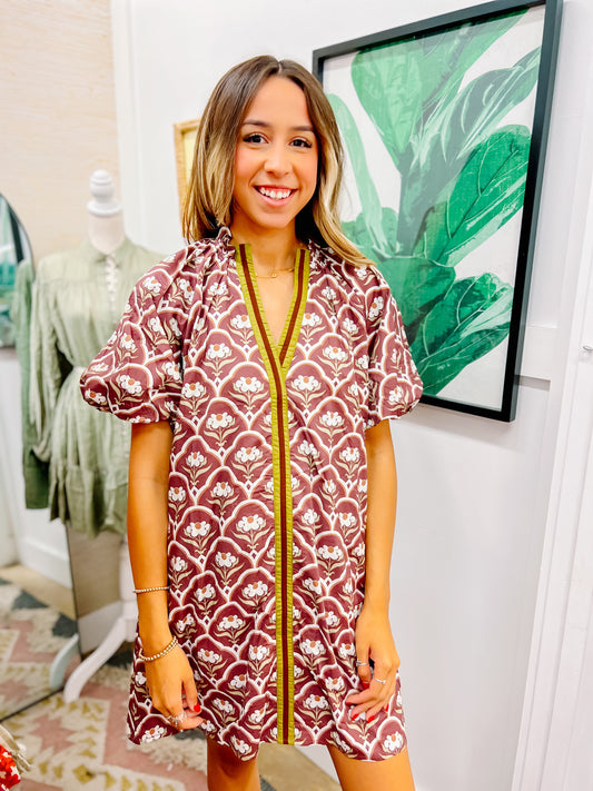 Brown & Green Floral V-Neck Dress