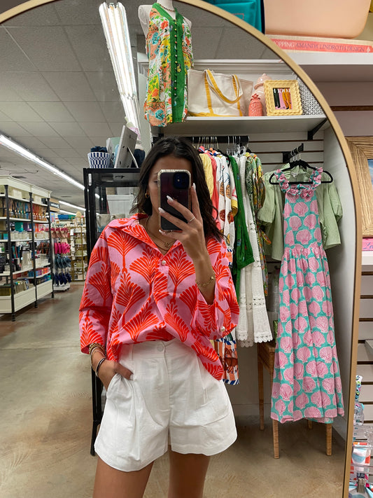 Orange and Pink Blouse with Pearl Accents
