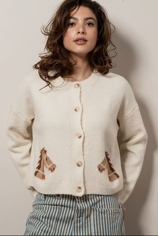 Saddle Up Horse Knit Cardigan- Crème