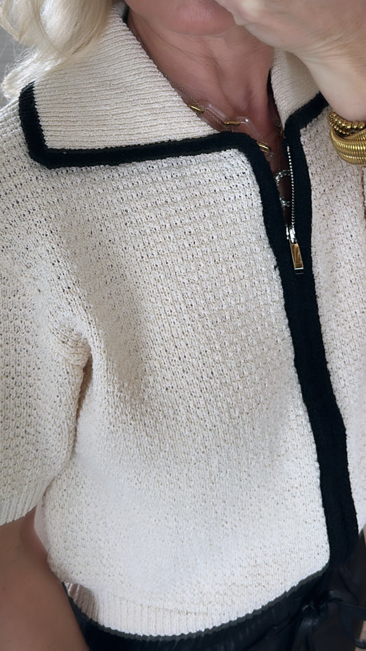 Cream Sweater Zipper Front Black Trim