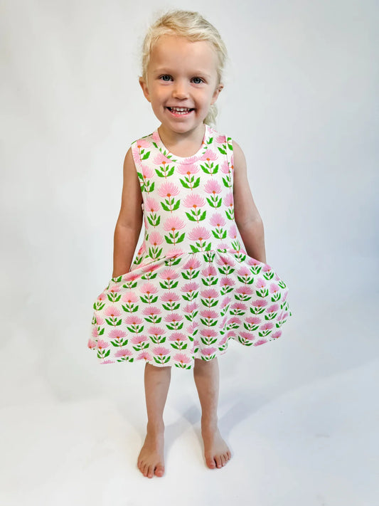 Sleeveless Dress - Pink Block Flower