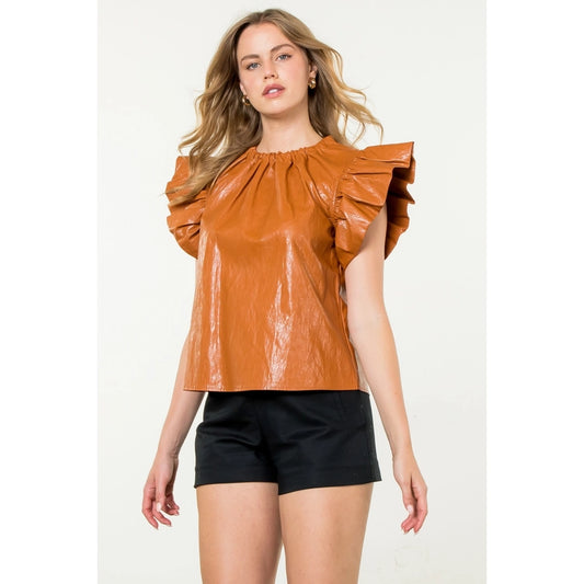 Ruffle Sleeve Leather Top-Camel