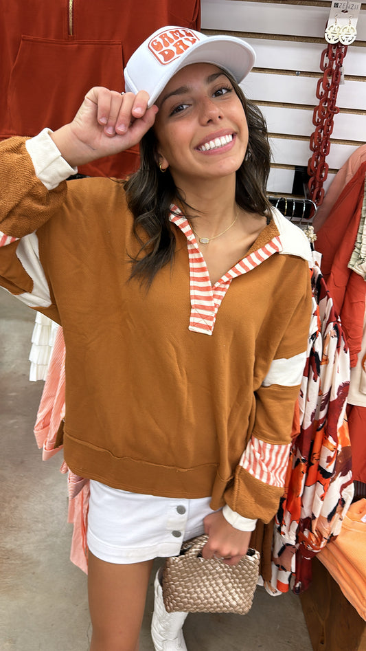 Colorblock Collared Top- Burnt Orange