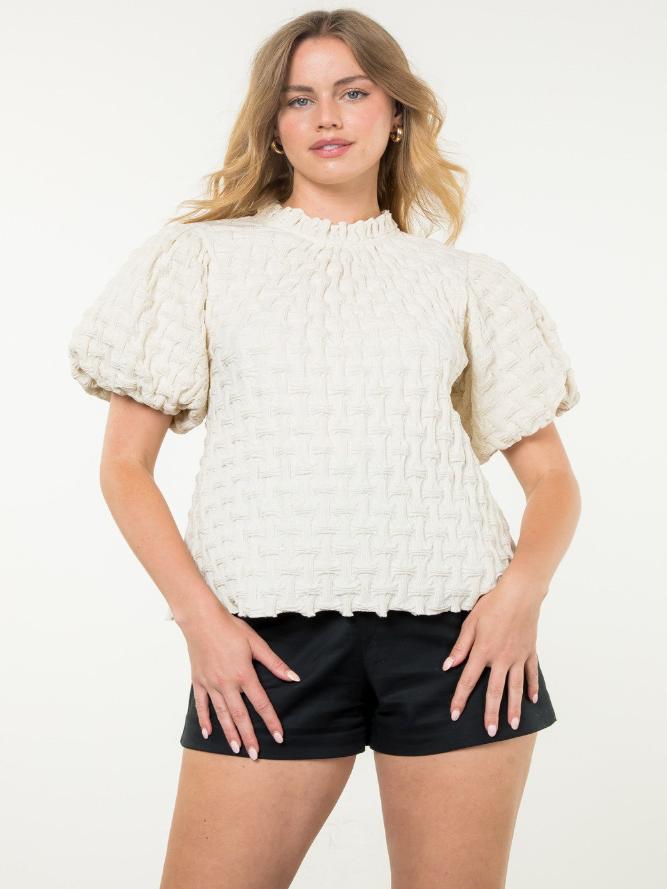 Cream Textured Puff Sleeve Top