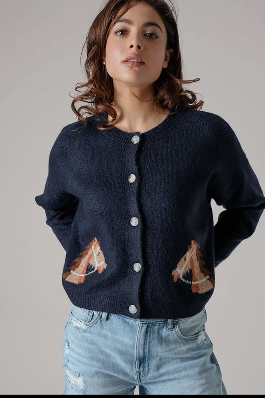 Saddle Up Horse Knit Cardigan-Navy