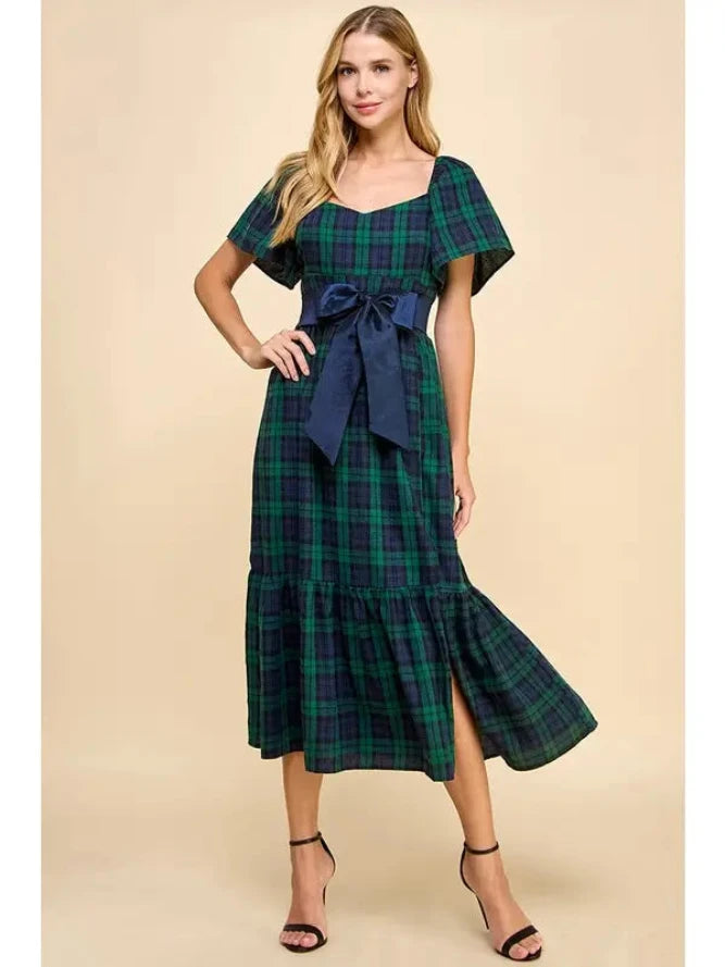 Green Plaid Dress with Detachable Tie