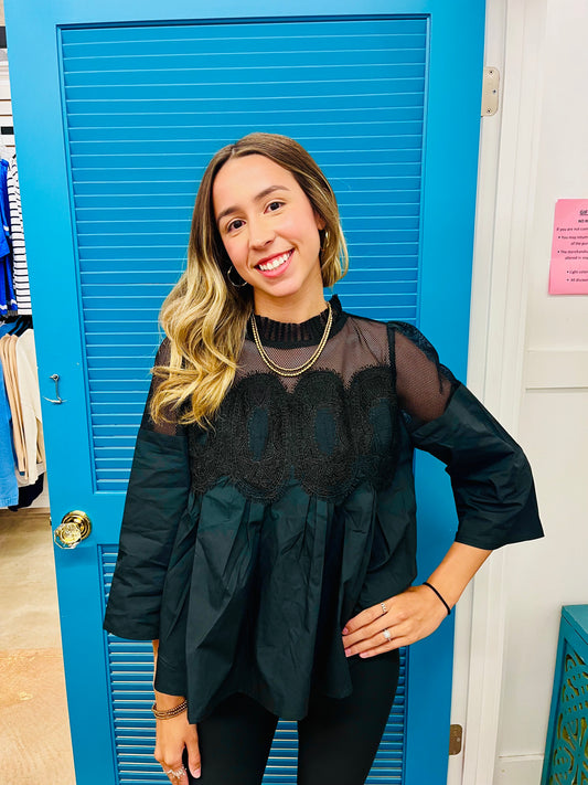 Black Mesh Detail Blouse
