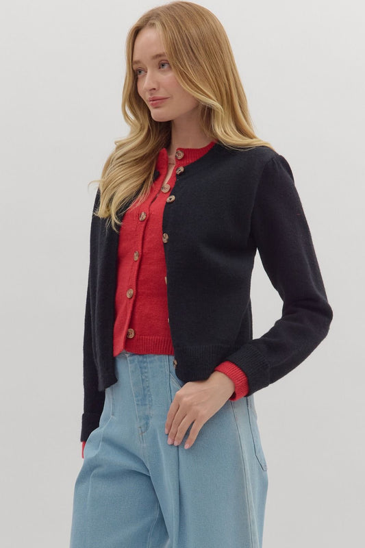 Solid Knit Cardigan- Black & Red