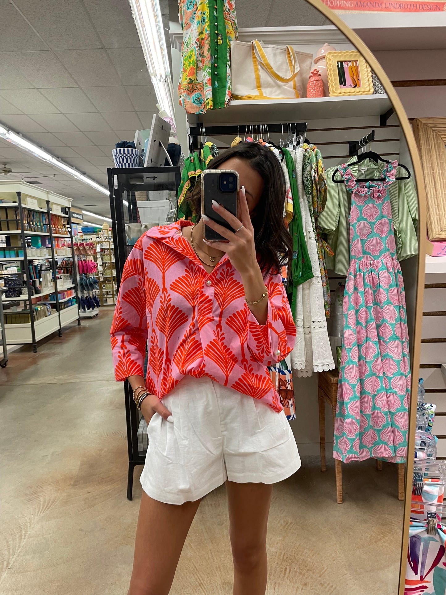 Orange and Pink Blouse with Pearl Accents