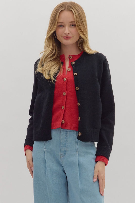 Solid Knit Cardigan- Black & Red