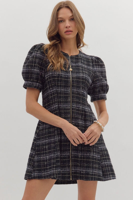 Black Plaid Tweed Dress