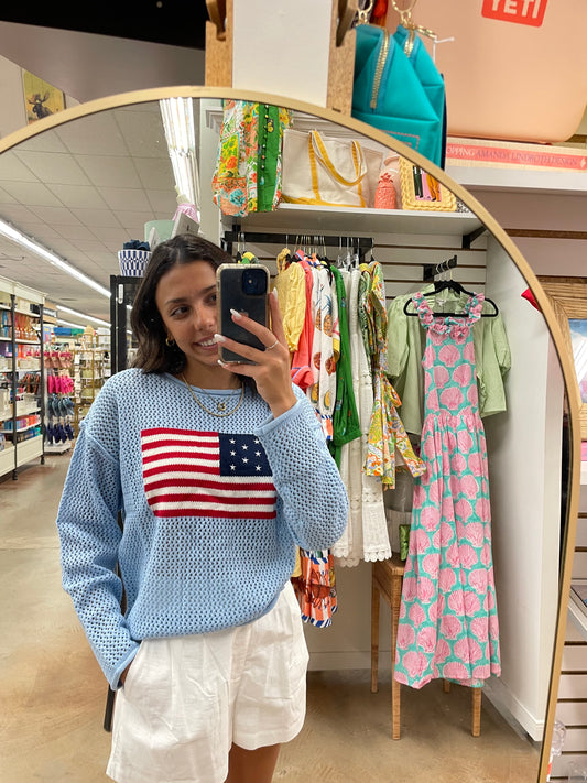 Powder Blue Stars and Stripes Knit Sweater
