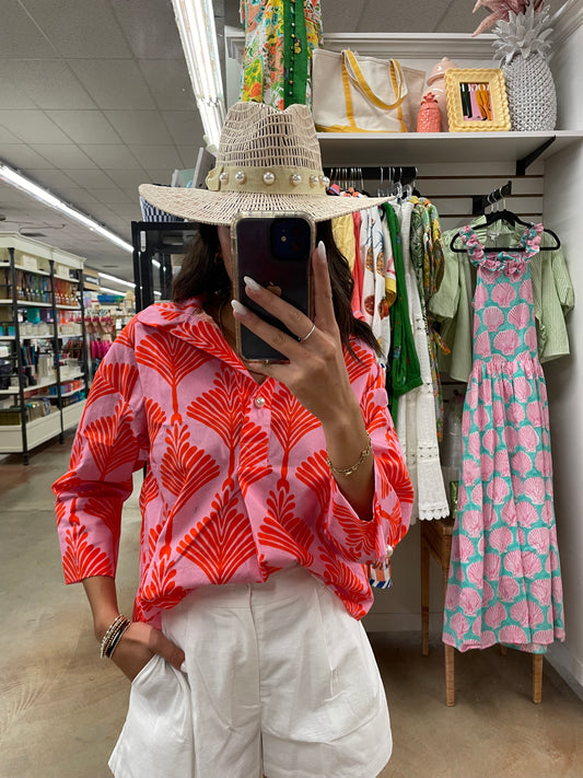 Orange and Pink Blouse with Pearl Accents