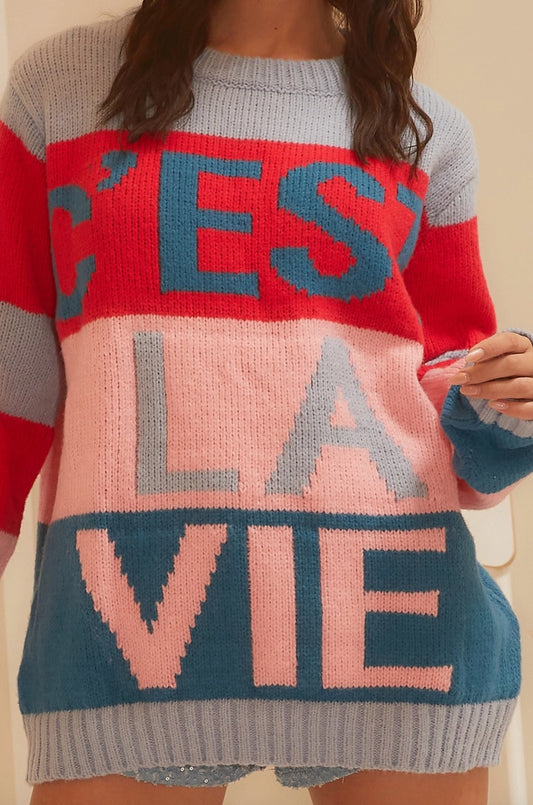 C Est La Vie Letter Oversize Color Block Sweater