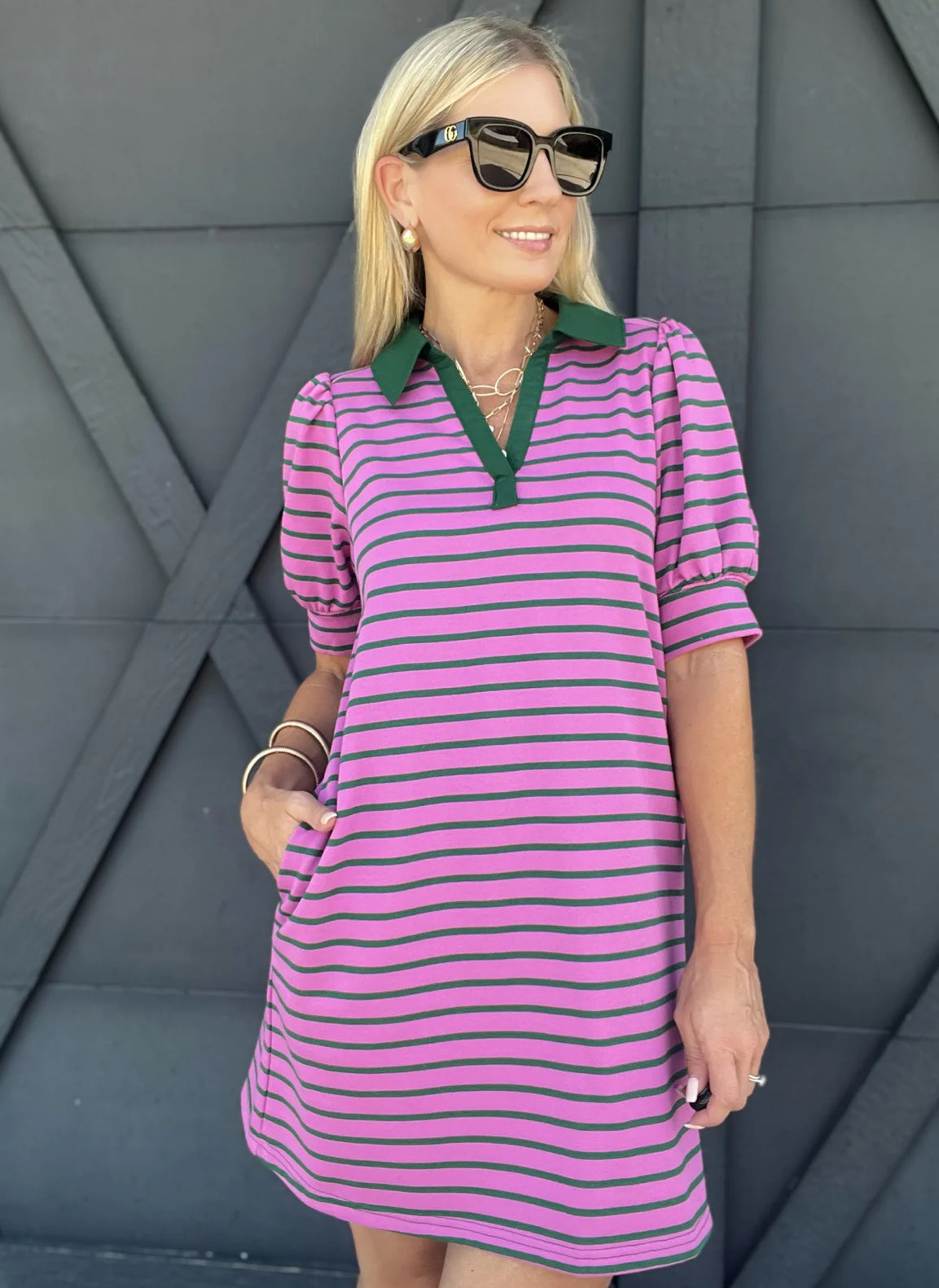 Stripe Puff Sleeve Collared Mini Dress In Orchid