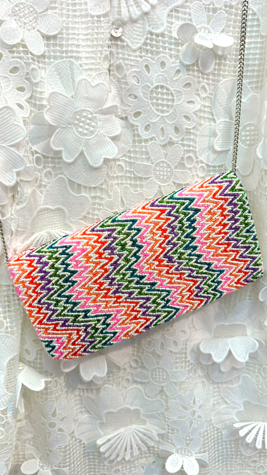 Hand Beaded Chevron Clutch With Strap