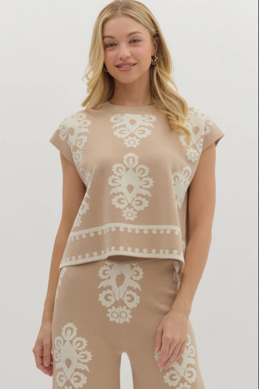 Taupe Damask Knit Top