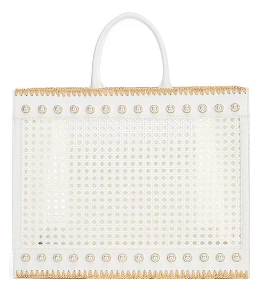 Woven Caned Leather Ellie Large Pearl Tote Bag