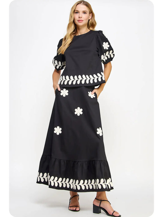 Black Embroidered Ruffled Midi Skirt