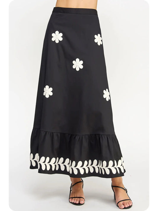 Black Embroidered Ruffled Midi Skirt