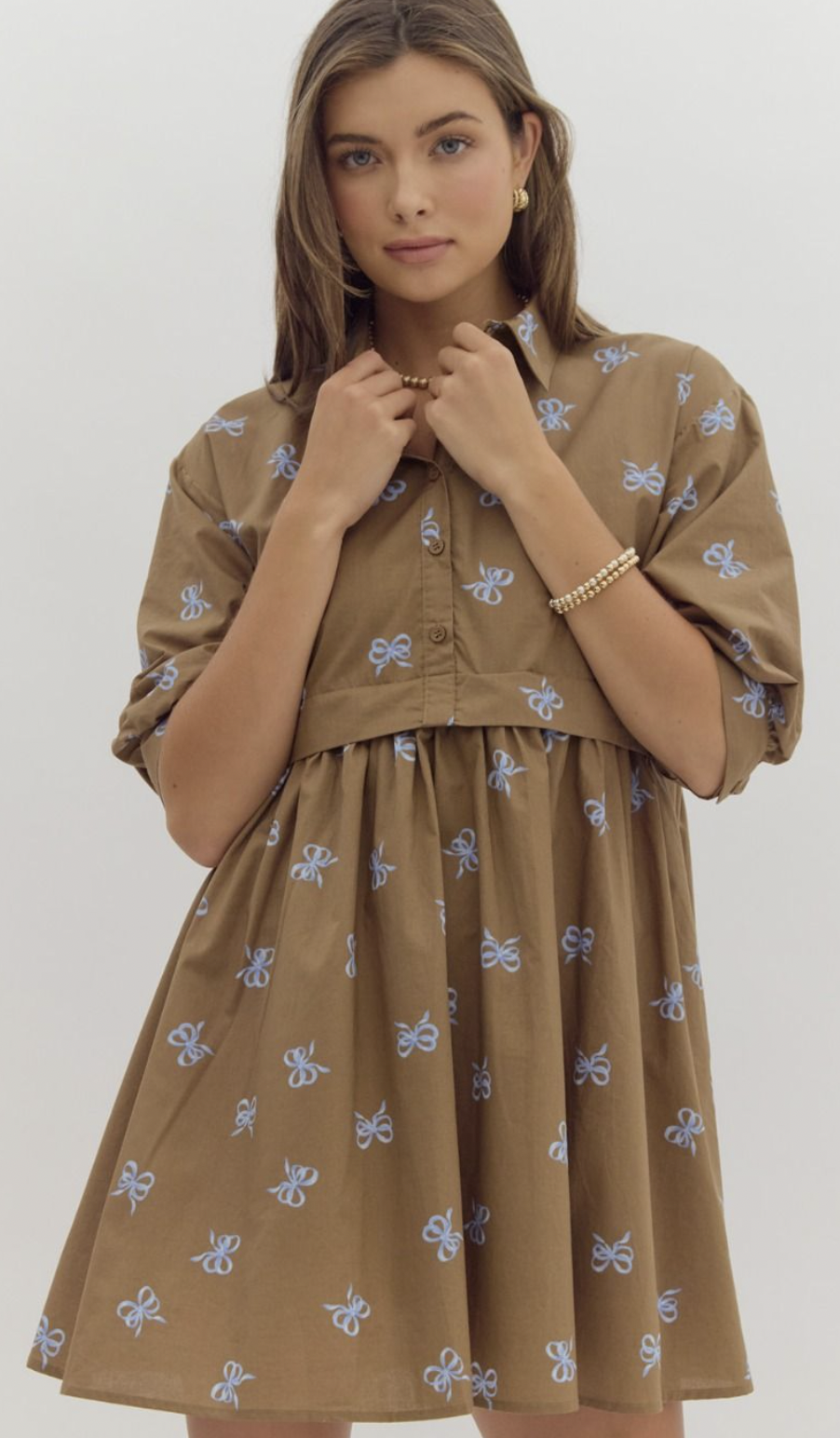 Brown Midi Dress with Blue Bows