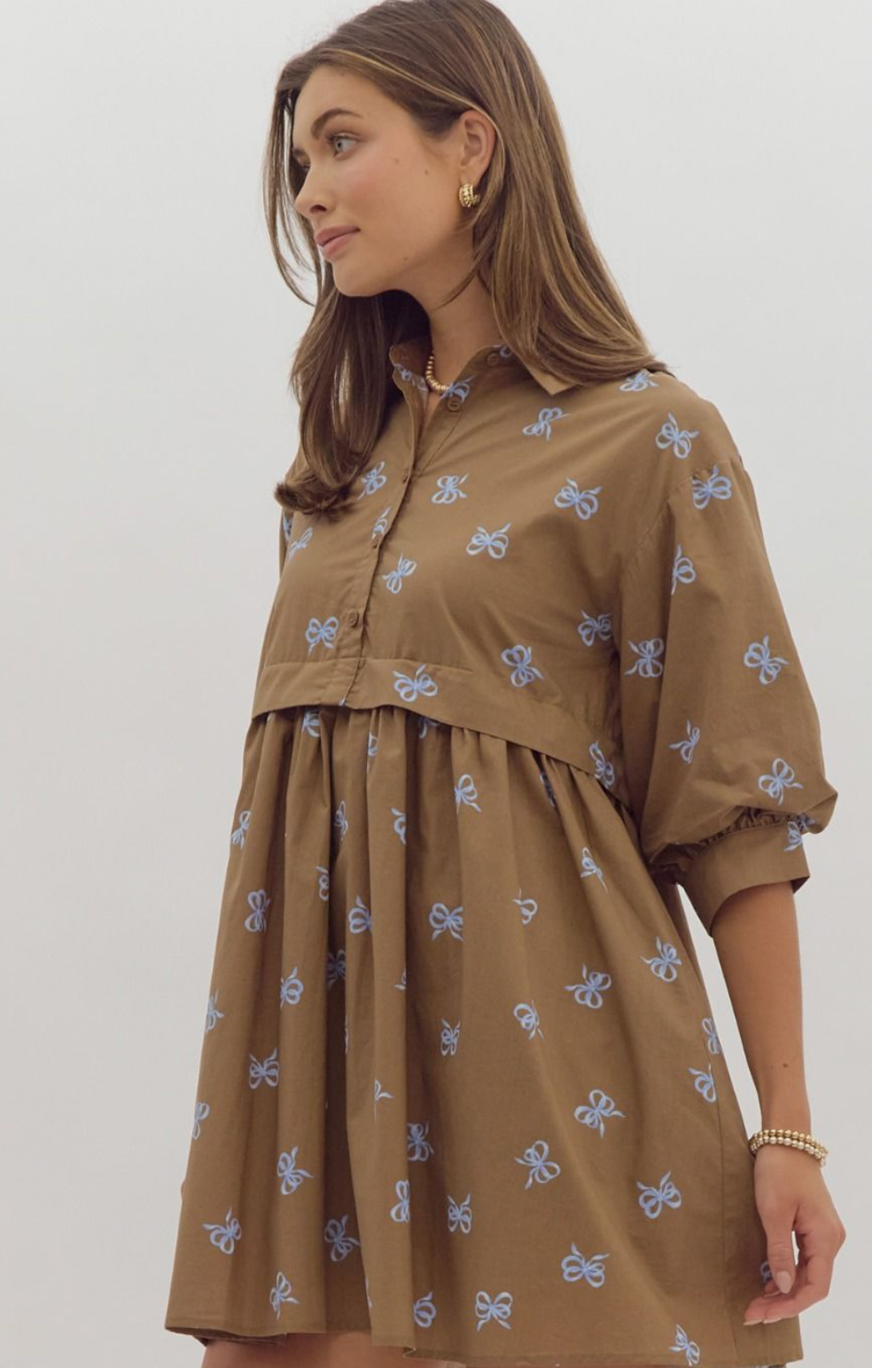 Brown Midi Dress with Blue Bows