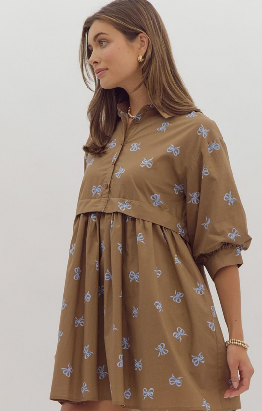 Brown Midi Dress with Blue Bows