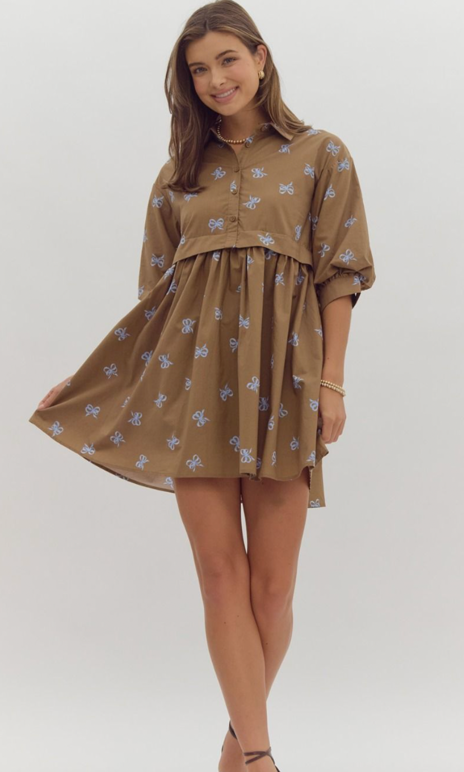 Brown Midi Dress with Blue Bows