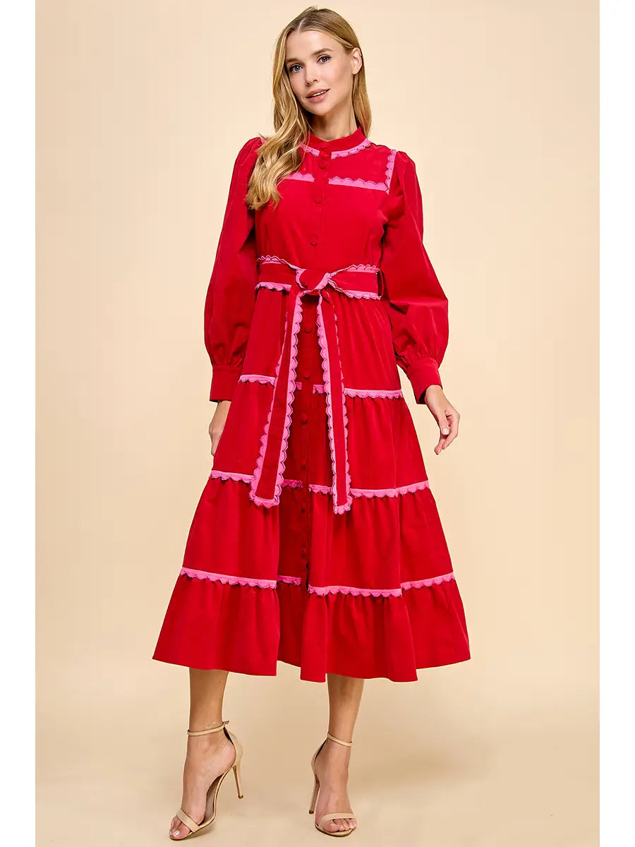 Red & Pink Tiered Scalloped Detail Long Sleeve Midi Dress